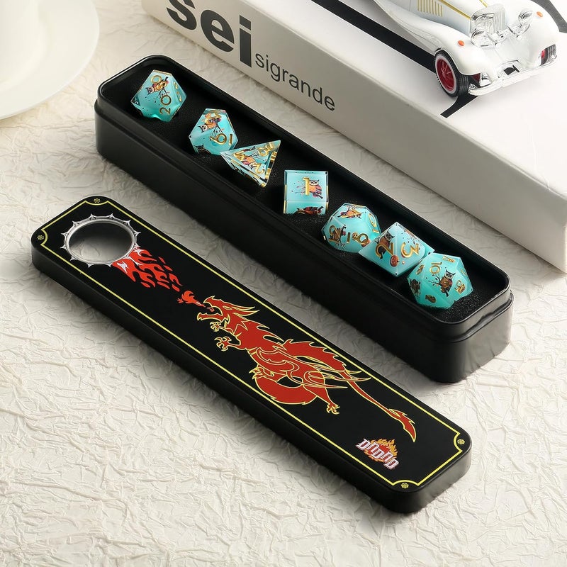 DNDND Owl Aqua Blue Translucent Resin Dice Set - 7-Piece Sharp Edge RPG Dice for D&D with Stickers, Handcrafted Premium Metal Case Gift - Image 4